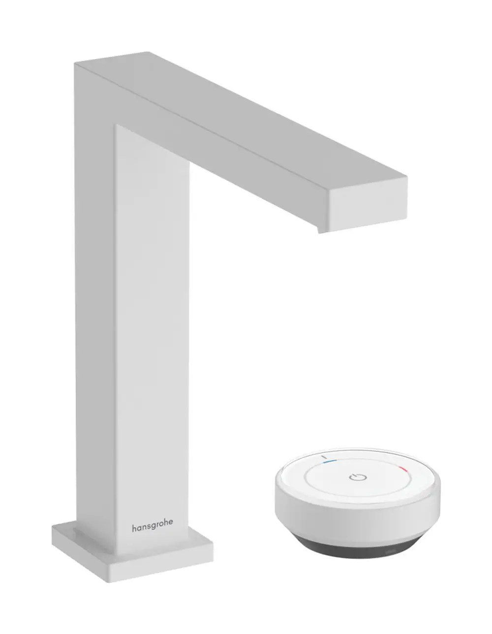 Weißer Waschtischmischer von Hansgrohe mit rechteckigem Auslauf und runder Bedienungseinheit. Design mit minimalistischer Formensprache.